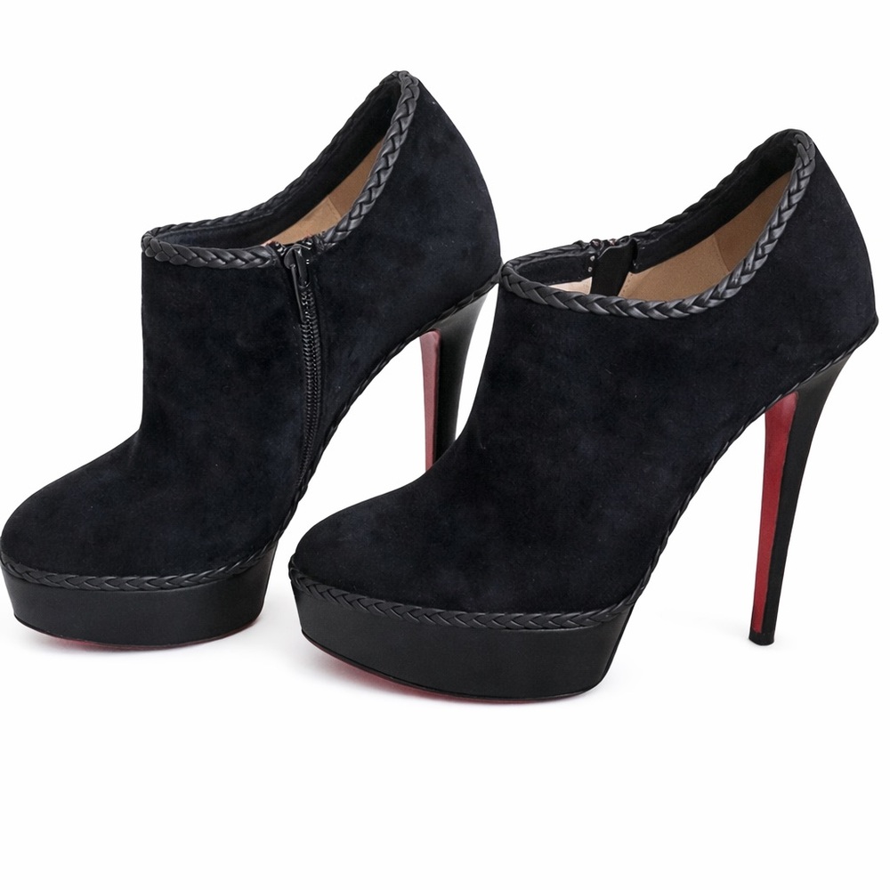 Christian Louboutin Black Suede Platform Ankle Booties with Red Soles